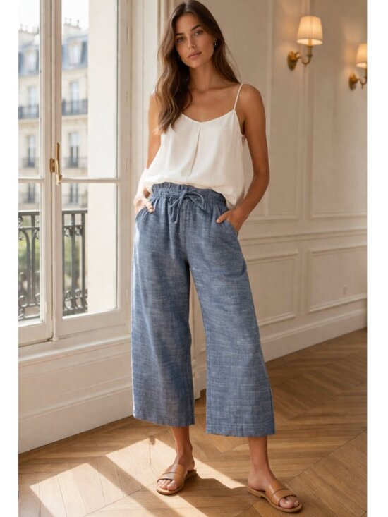 Pact Pants - PACT 100% Organic Cotton Blue Chambray Drawstring Crop Pants Size Medium